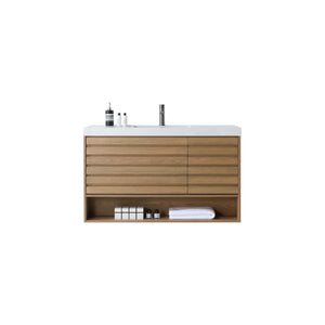 MATERA 48” PECAN OAK BATHROOM VANITY (BLACK/WHITE COUNTERTOP)