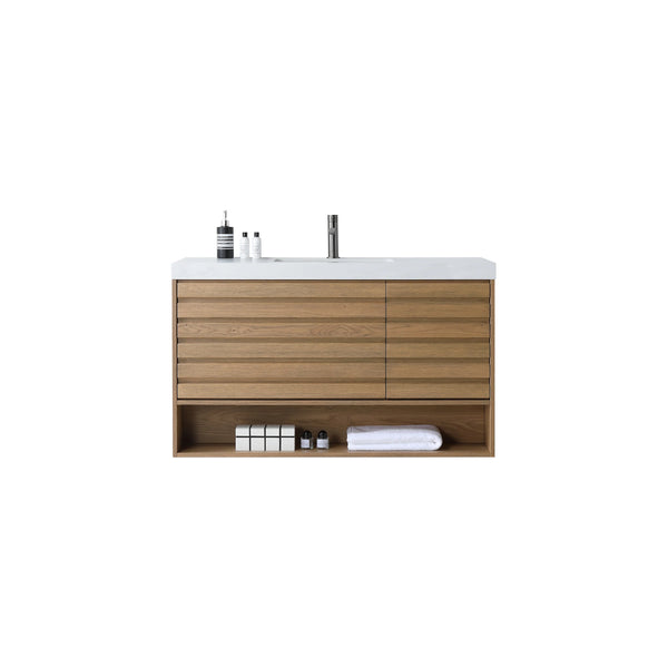 MATERA 48” PECAN OAK BATHROOM VANITY (BLACK/WHITE COUNTERTOP)