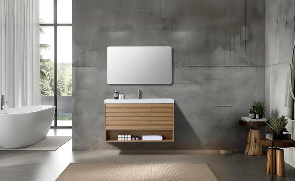 MATERA 48” PECAN OAK BATHROOM VANITY (BLACK/WHITE COUNTERTOP)
