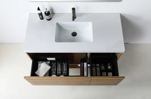 MATERA 48” PECAN OAK BATHROOM VANITY (BLACK/WHITE COUNTERTOP)