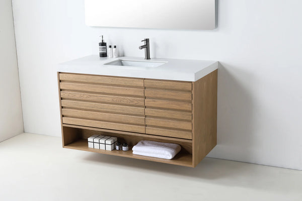 MATERA 48” PECAN OAK BATHROOM VANITY (BLACK/WHITE COUNTERTOP)