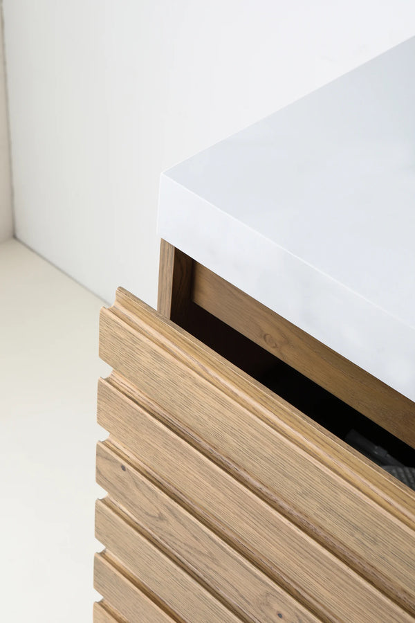 MATERA 48” PECAN OAK BATHROOM VANITY (BLACK/WHITE COUNTERTOP)