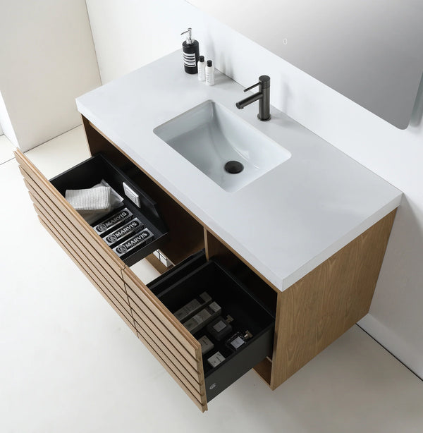 MATERA 48” PECAN OAK BATHROOM VANITY (BLACK/WHITE COUNTERTOP)
