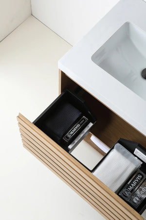 MATERA 48” PECAN OAK BATHROOM VANITY (BLACK/WHITE COUNTERTOP)
