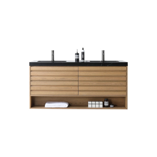 MATERA 60” PECAN OAK BATHROOM VANITY ( BLACK/WHITECOUNTERTOP )