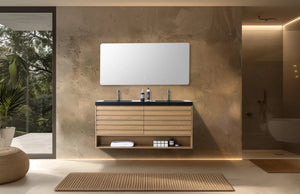 MATERA 60” PECAN OAK BATHROOM VANITY ( BLACK/WHITECOUNTERTOP )