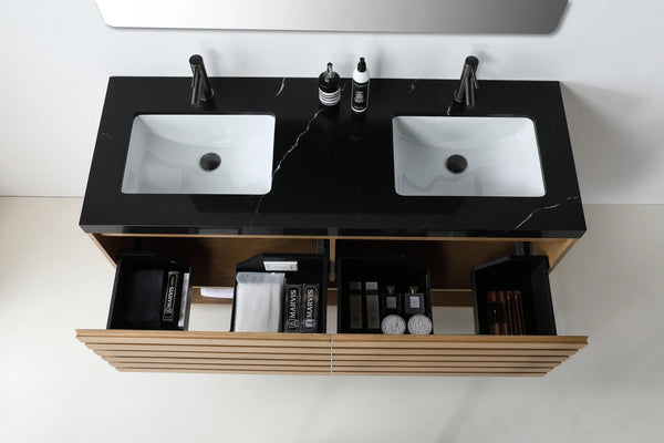 MATERA 60” PECAN OAK BATHROOM VANITY ( BLACK/WHITECOUNTERTOP )