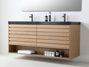 MATERA 60” PECAN OAK BATHROOM VANITY ( BLACK/WHITECOUNTERTOP )