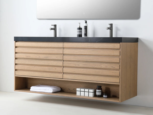 MATERA 60” PECAN OAK BATHROOM VANITY ( BLACK/WHITECOUNTERTOP )