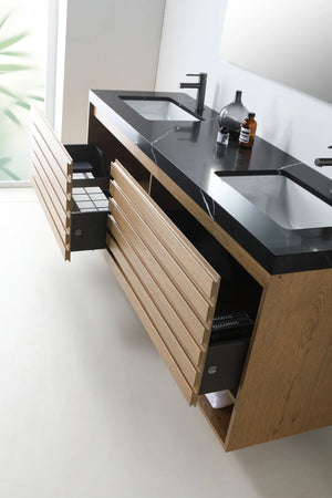 MATERA 60” PECAN OAK BATHROOM VANITY ( BLACK/WHITECOUNTERTOP )