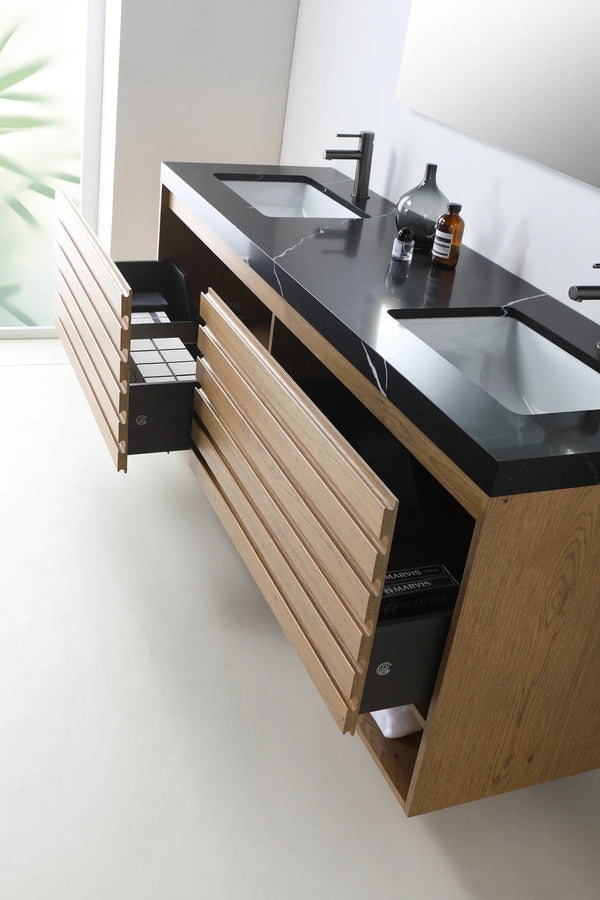 MATERA 60” PECAN OAK BATHROOM VANITY ( BLACK/WHITECOUNTERTOP )