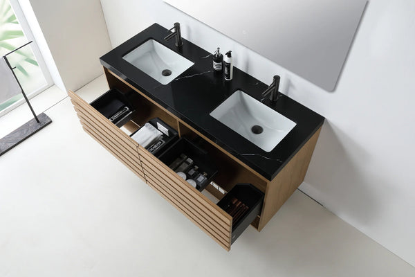 MATERA 60” PECAN OAK BATHROOM VANITY ( BLACK/WHITECOUNTERTOP )