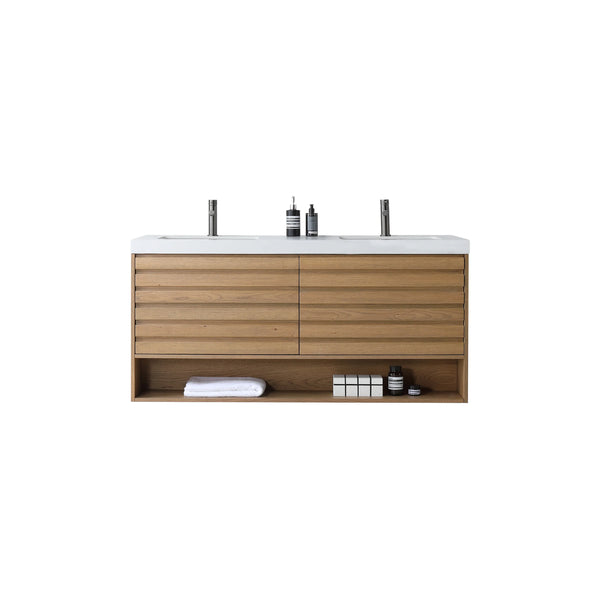 MATERA 60” PECAN OAK BATHROOM VANITY ( BLACK/WHITECOUNTERTOP )