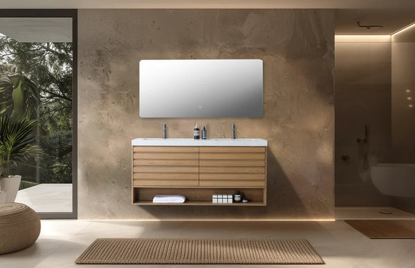MATERA 60” PECAN OAK BATHROOM VANITY ( BLACK/WHITECOUNTERTOP )