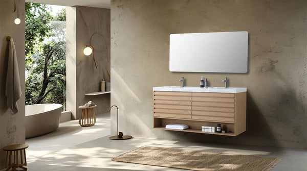 MATERA 60” PECAN OAK BATHROOM VANITY ( BLACK/WHITECOUNTERTOP )