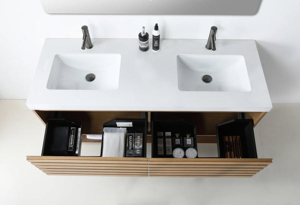 MATERA 60” PECAN OAK BATHROOM VANITY ( BLACK/WHITECOUNTERTOP )