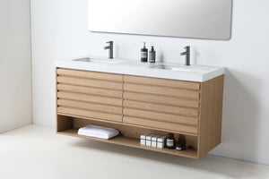 MATERA 60” PECAN OAK BATHROOM VANITY ( BLACK/WHITECOUNTERTOP )