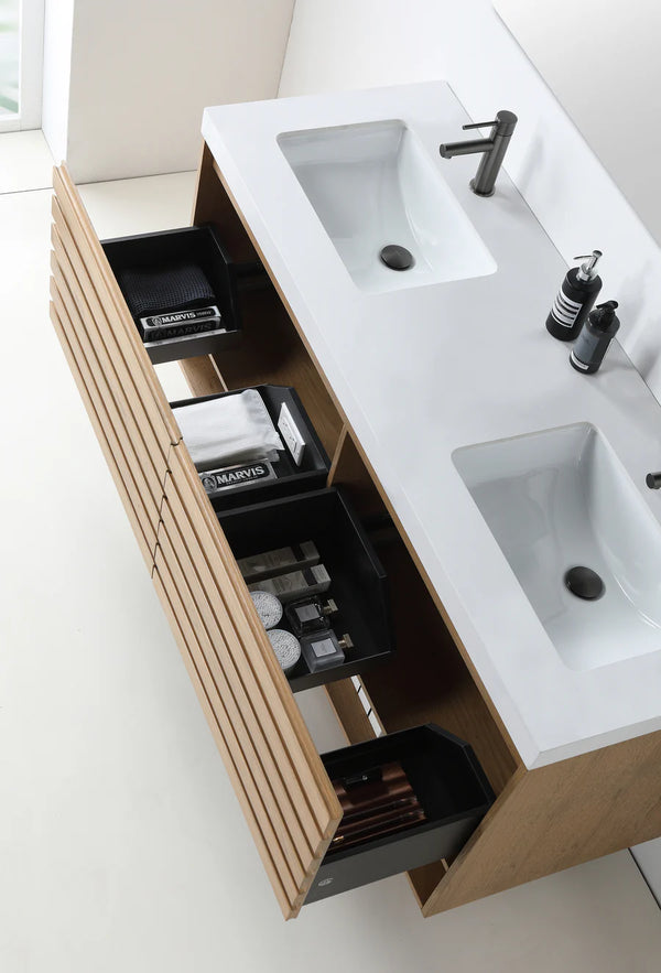 MATERA 60” PECAN OAK BATHROOM VANITY ( BLACK/WHITECOUNTERTOP )