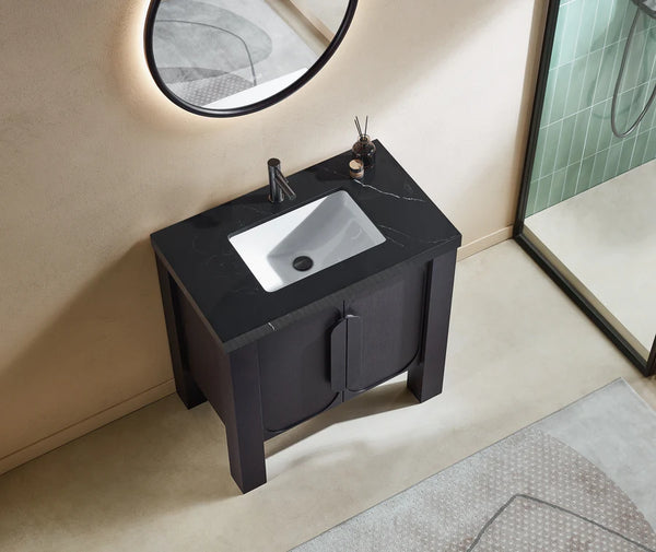 MUNICH 36” ESPRESSO OAK BATHROOM VANITY (BLACK/WHITE COUNTERTOP)
