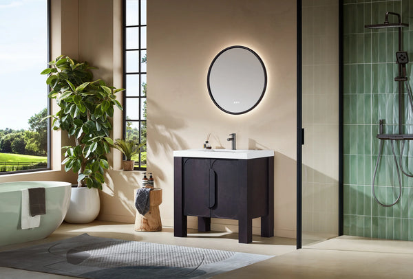 MUNICH 36” ESPRESSO OAK BATHROOM VANITY (BLACK/WHITE COUNTERTOP)