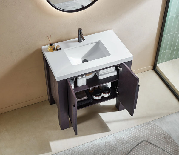 MUNICH 36” ESPRESSO OAK BATHROOM VANITY (BLACK/WHITE COUNTERTOP)