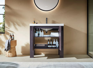 MUNICH 36” ESPRESSO OAK BATHROOM VANITY (BLACK/WHITE COUNTERTOP)