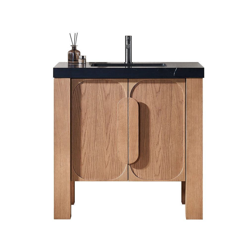 MUNICH 36” NATURAL TEAK BATHROOM VANITY ( BLACK/WHITE COUNTERTOP)