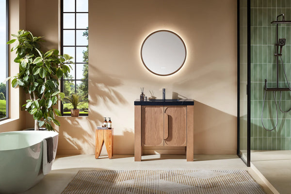 MUNICH 36” NATURAL TEAK BATHROOM VANITY ( BLACK/WHITE COUNTERTOP)