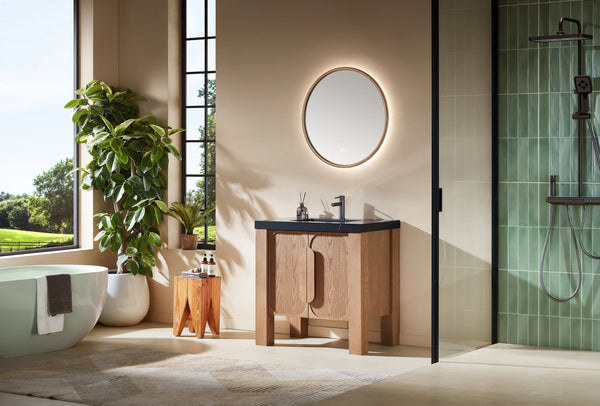 MUNICH 36” NATURAL TEAK BATHROOM VANITY ( BLACK/WHITE COUNTERTOP)