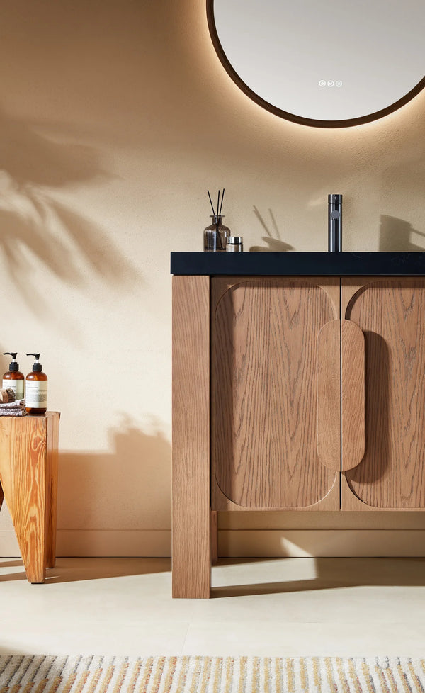 MUNICH 36” NATURAL TEAK BATHROOM VANITY ( BLACK/WHITE COUNTERTOP)