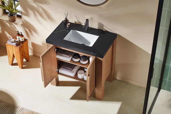 MUNICH 36” NATURAL TEAK BATHROOM VANITY ( BLACK/WHITE COUNTERTOP)