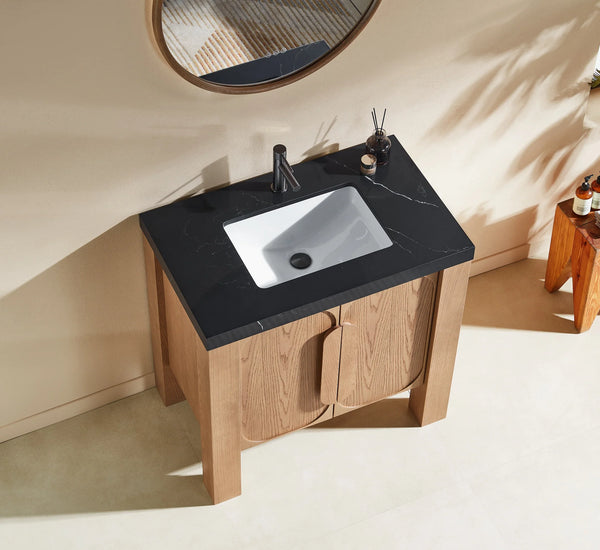 MUNICH 36” NATURAL TEAK BATHROOM VANITY ( BLACK/WHITE COUNTERTOP)