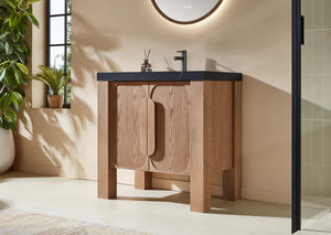 MUNICH 36” NATURAL TEAK BATHROOM VANITY ( BLACK/WHITE COUNTERTOP)