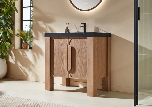 MUNICH 36” NATURAL TEAK BATHROOM VANITY ( BLACK/WHITE COUNTERTOP)