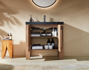 MUNICH 36” NATURAL TEAK BATHROOM VANITY ( BLACK/WHITE COUNTERTOP)