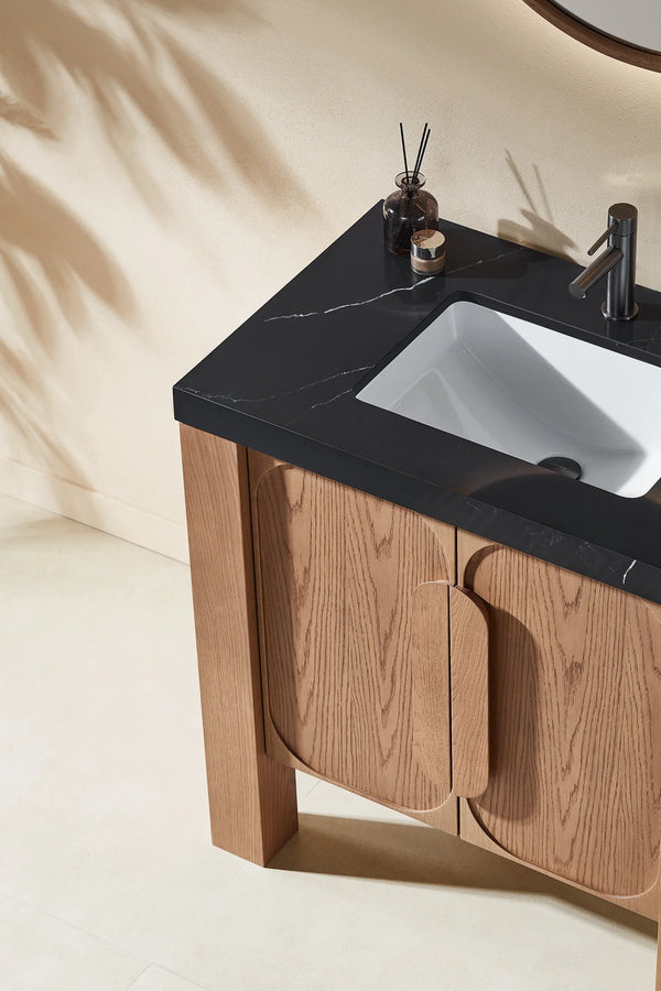 MUNICH 36” NATURAL TEAK BATHROOM VANITY ( BLACK/WHITE COUNTERTOP)