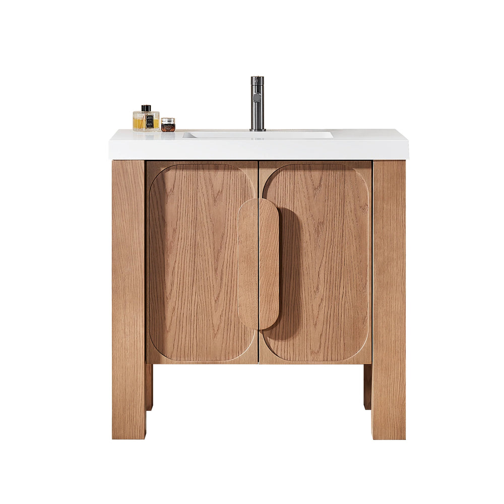 MUNICH 36” NATURAL TEAK BATHROOM VANITY ( BLACK/WHITE COUNTERTOP)