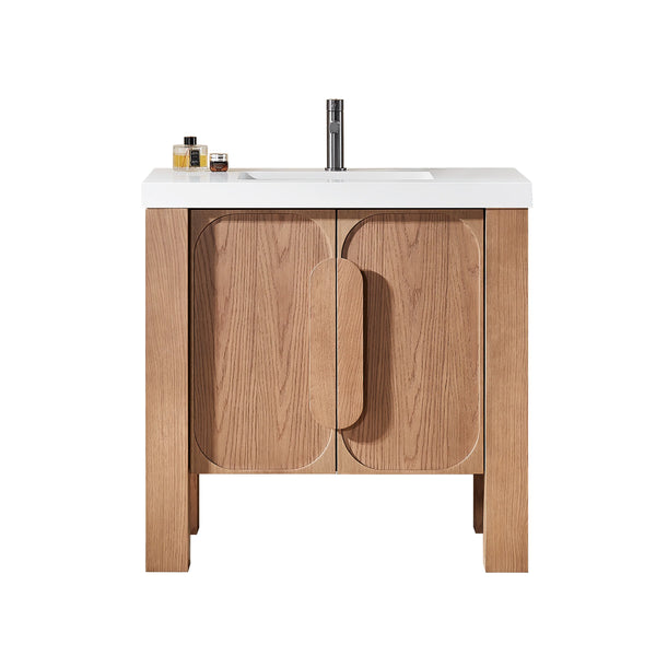 MUNICH 36” NATURAL TEAK BATHROOM VANITY ( BLACK/WHITE COUNTERTOP)