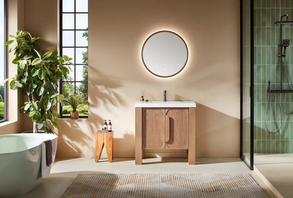 MUNICH 36” NATURAL TEAK BATHROOM VANITY ( BLACK/WHITE COUNTERTOP)