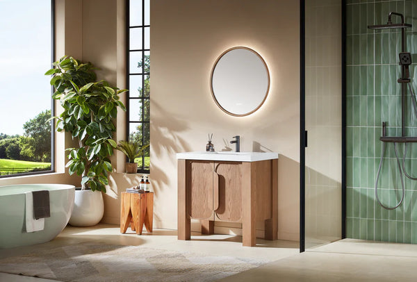 MUNICH 36” NATURAL TEAK BATHROOM VANITY ( BLACK/WHITE COUNTERTOP)
