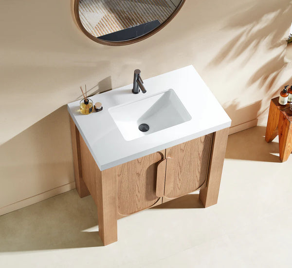 MUNICH 36” NATURAL TEAK BATHROOM VANITY ( BLACK/WHITE COUNTERTOP)