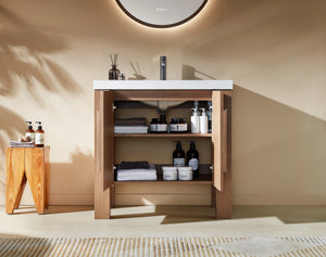 MUNICH 36” NATURAL TEAK BATHROOM VANITY ( BLACK/WHITE COUNTERTOP)