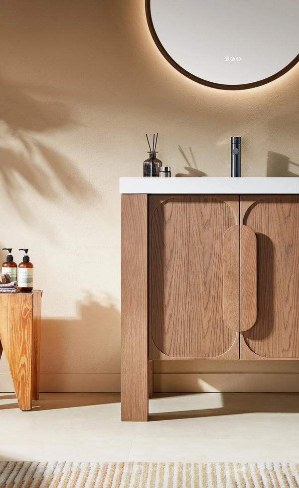 MUNICH 36” NATURAL TEAK BATHROOM VANITY ( BLACK/WHITE COUNTERTOP)