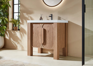 MUNICH 36” NATURAL TEAK BATHROOM VANITY ( BLACK/WHITE COUNTERTOP)