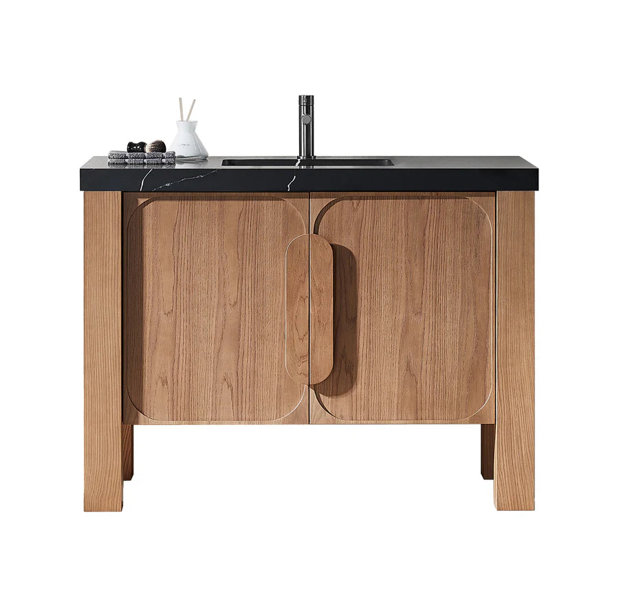 MUNICH 48” NATURAL TEAK BATHROOM VANITY ( BLACK/WHITE COUNTERTOP)