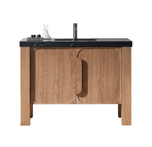 MUNICH 48” NATURAL TEAK BATHROOM VANITY ( BLACK/WHITE COUNTERTOP)