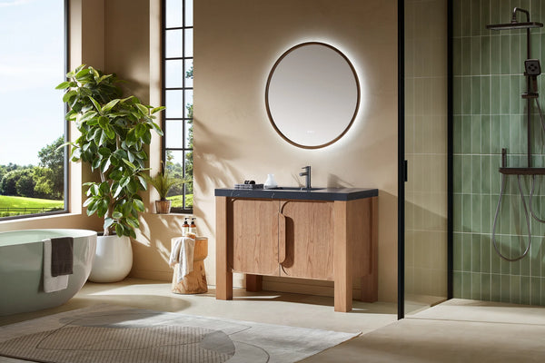 MUNICH 48” NATURAL TEAK BATHROOM VANITY ( BLACK/WHITE COUNTERTOP)