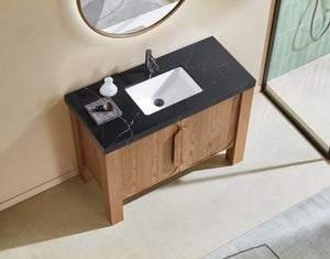 MUNICH 48” NATURAL TEAK BATHROOM VANITY ( BLACK/WHITE COUNTERTOP)
