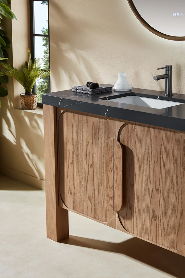 MUNICH 48” NATURAL TEAK BATHROOM VANITY ( BLACK/WHITE COUNTERTOP)