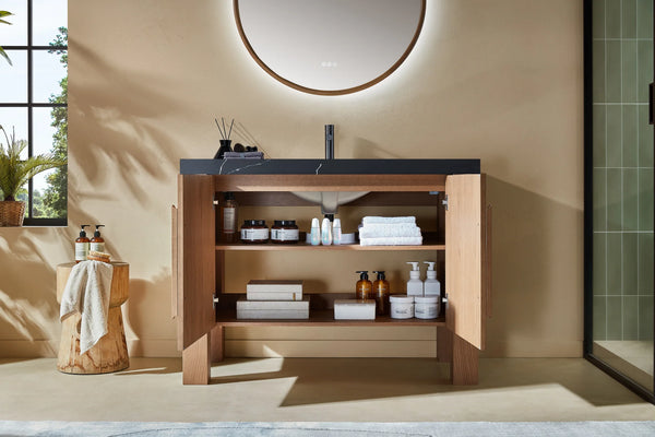 MUNICH 48” NATURAL TEAK BATHROOM VANITY ( BLACK/WHITE COUNTERTOP)